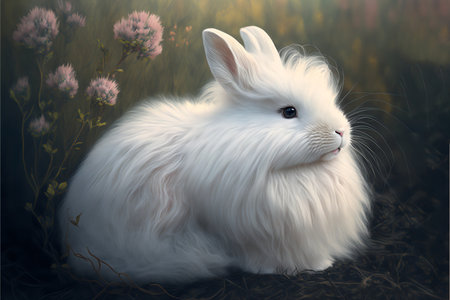 Easter adorable fluffy bunny with white fluffy fur.Easter background.AI generated.の素材