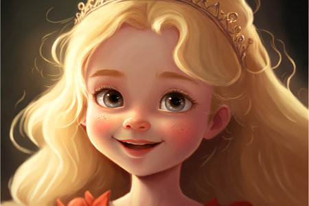 Cute smiling baby girl blond with golden crown.Princess with long blond hair in cartoon hand drawn style.AI generated.の素材