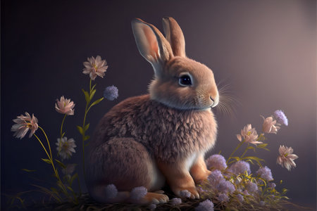 Cute realistic easter bunny on flowers background.Easter spring background.AI generated.の素材