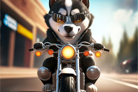 Funny black and white husky rides in glasses on a motorcycle. AI generated.の素材