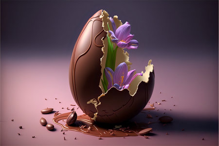 Chocolate cracked Easter egg on a background of flowers and melted chocolate with copyspace.Easter background.AI generated.の素材