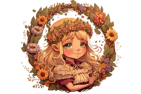 Cute girl with big eyes with a wreath of flowers on her head and a round frame of flowers around in a watercolor style isolated on a white background.AI generated.の素材