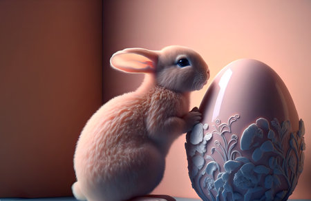 A cute pink bunny holding a pink easter egg with patterns in its paws easter illustration with copyspace.AI generated.の素材