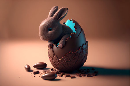 A chocolate bunny sits in a chocolate cracked Easter egg.Easter illustration with copyspace.AI generated.の素材