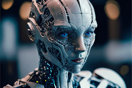 Woman robot made of white glossy metal with blue eyes close up.Artificial intelligence concept.AI generated.の素材