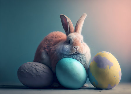 Cute bunny on a blue-pink background and painted Easter eggs.Easter illustration with copyspace.AI generated.の素材