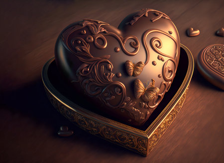 Chocolate candy heart with patterns on a wooden background in a beautiful golden box. Valentine's day illustration with copyspace.AI generated.の素材