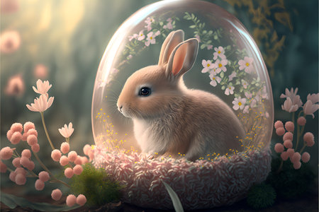 Charming rabbit in a glass egg on a background of spring flowers.Easter bunny on a spring background.Ai generated.の素材