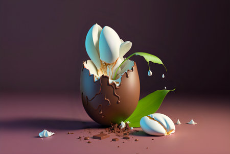 Easter illustration chocolate egg with smudges of chocolate and flowers growing out of it, a leaf with copyspace. Generated by ai.の素材