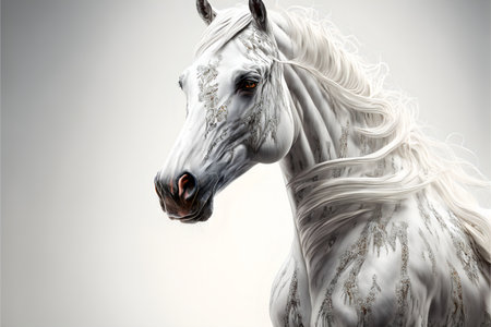 A white fantasy horse with a strange coloration on a white background with copyspace. Generated by ai.の素材