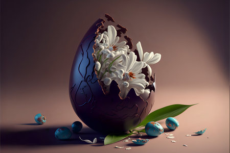Easter illustration cracked chocolate egg with white spring flowers growing out of it, leaves and painted eggs around and copyspace. Generated by ai.の素材
