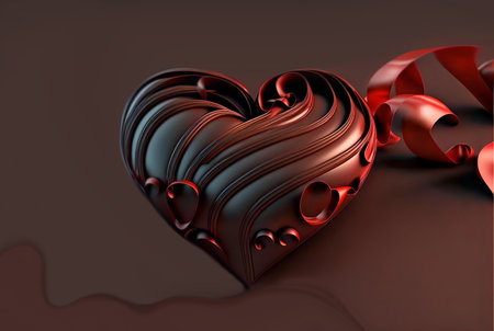 Chocolate candy in the form of a heart and a red ribbon on a background of chocolate smudges with copyspace.Realistic illustration for valentine's day.AI generated.の素材