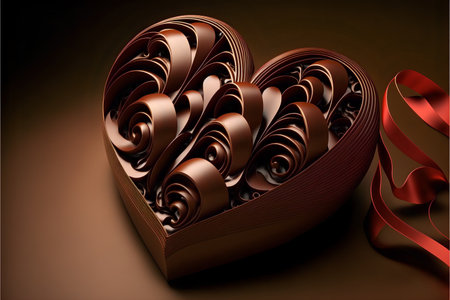 Chocolate candy heart with chocolate swirls inside on a dark background with a red gift ribbon. Valentine's day illustration with copyspace.AI generated.の素材