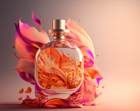 Abstract perfume packaging on a light background with colorful multi-colored streaks with copyspace.Perfume packaging concept.AI generated.の素材