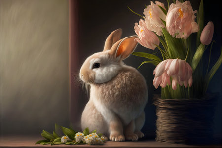 Fluffy rabbit with spring flowers in a basket on a dark background .Easter illustration with copyspace.AI generated.の素材