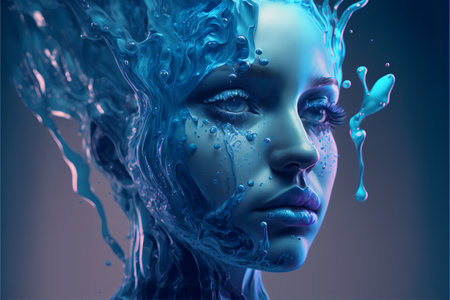 Beautiful girl close-up with splashes of blue paint and blue-violet light.AI generated.の素材