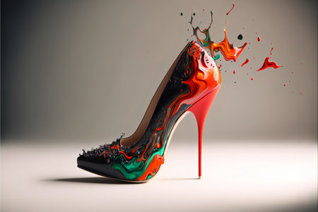 Women's shoes with high heels and paint splatter,fashion copyspace background.AI generated.の素材