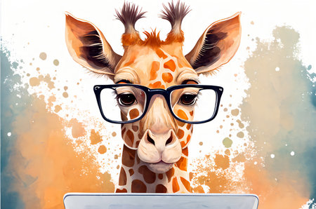 Funny pensive giraffe in glasses working on a laptop drawing in a watercolor style with paint splatter on the background and copyspace. Concept for a novice pc user. AI generated.の素材
