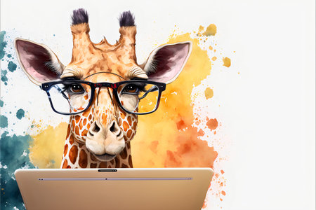 Funny giraffe in glasses works at a laptop on a white background with watercolor spots with copyspace.Concept for a novice pc user.AI generated.の素材