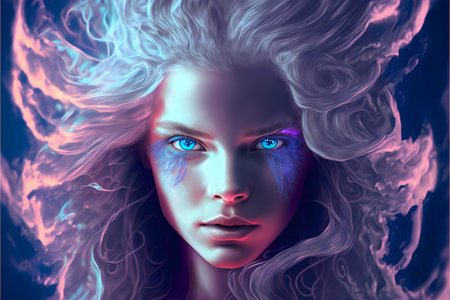 Close-up of a beautiful fantasy girl with white fluffy hair and blue glowing eyes. AI generated.の素材