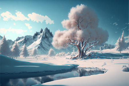 Beautiful winter mountain landscape. A large tree in the snow and hoarfrost against the backdrop of a lake and mountains. AI generated.の素材