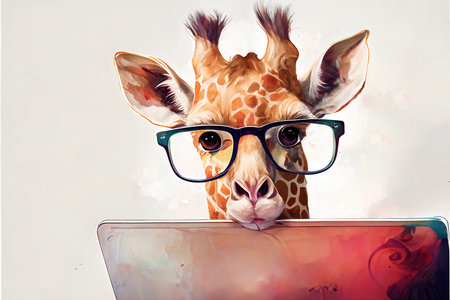 Funny cute giraffe with glasses peeking out from behind a laptop drawing in a watercolor style with copyspace.Concept by an inexperienced pc user.AI generated.の素材