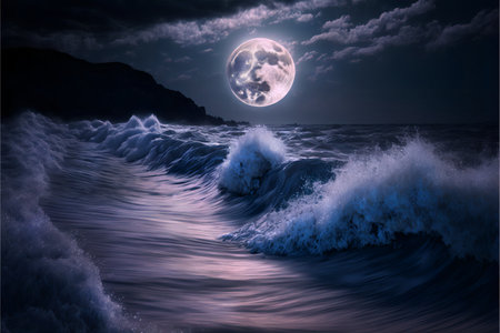 Storm on the sea or ocean against the backdrop of a large glowing full moon.Waves with foam night seascape.AI generated.の素材