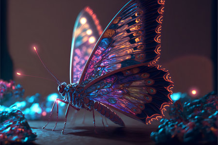 Glowing neon multicolored butterfly on a blurred background close-up.AI generated.の素材