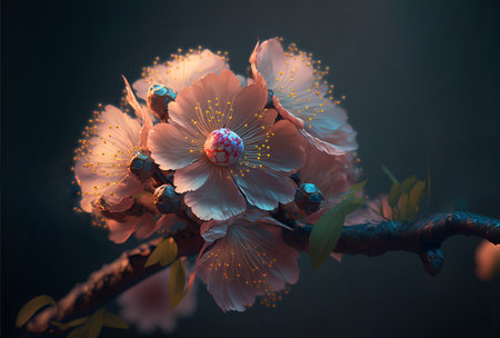 Beautiful pink flowers on a branch in pastel warm colors close-up on a dark background.AI generated.の素材