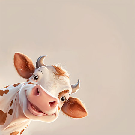 An adorable cow with a pink nose peeks out from the corner in 3d style on a beige background with copyspace. AI generated.の素材