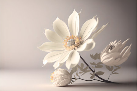 Beautiful white flower on a light background with copyspace. AI generated.の素材
