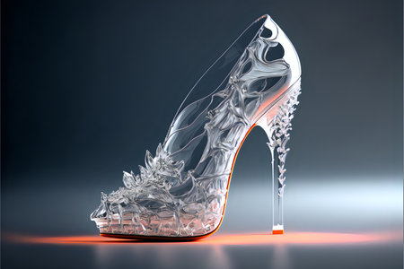 Delicate crystal high heel shoe.Translucent women's high heel shoe with splash decorations.Shoe design concept.AI generated.の素材