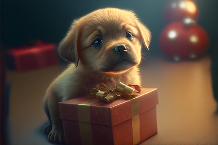 A cute red puppy sitting next to a gift in a red wrapper with a golden bow. New Year's card with a place for text. AI generated.の素材