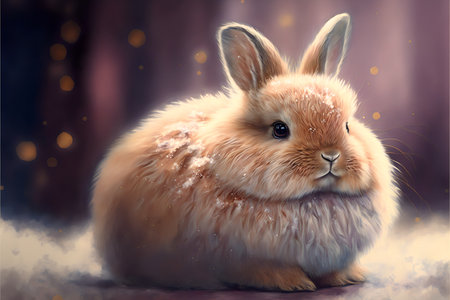 Red chubby bunny with fluffy fur sitting on the snow on a blurred background.AI generated.の素材