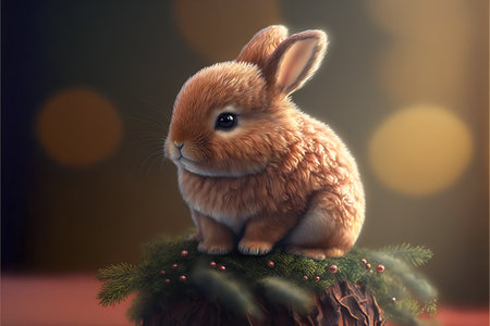 A red-haired little rabbit sits on a stump with Christmas tree branches.New Year's card with copyspace.AI generated.の素材