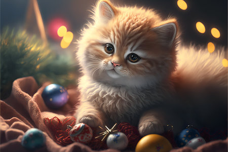 A charming kitten lies on the background of New Year's toys on a blurred background.New Year's bright card with a fluffy kitten.AI generated.の素材