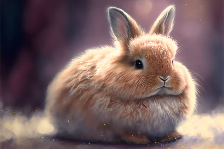 Ginger chubby bunny with fluffy fur sitting on the snow on a blurred background.AI generated.の素材