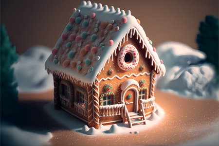 Christmas gingerbread house decorated with white confectionery mastic in the form of snow. AI generated.の素材