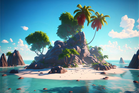 Uninhabited stone colorful island with trees and palm trees on the background of sand and water.AI generated.の素材