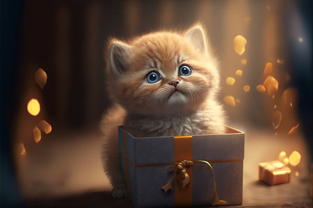 White-red kitten sits in a New Year's gift box with a golden bow. Festive illustration in warm colors. AI generated.の素材