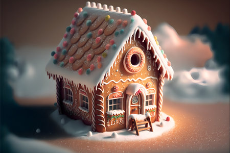 New Year's house made of gingerbread decorated with white confectionery mastic in the form of snow. AI generated.の素材