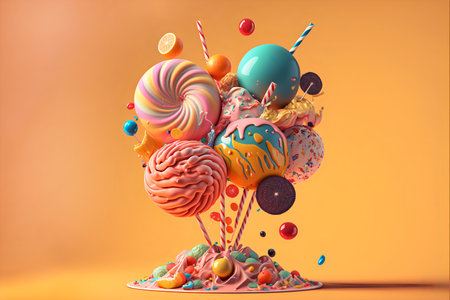 Juicy lolipop illustration in different sweet caramel and cream toppings.Sweet country bright illustration.AI generated.の素材