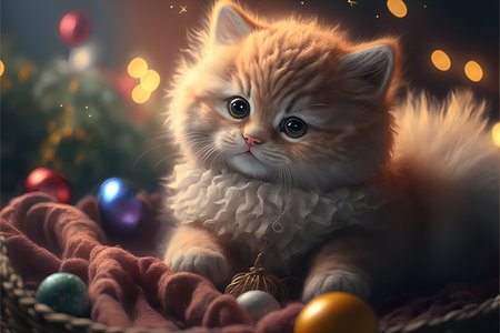 A fluffy cute kitten with a pink nose lies in a basket with Christmas toys on a blurred background.Bright Christmas illustration with bokeh.AI generated.の素材