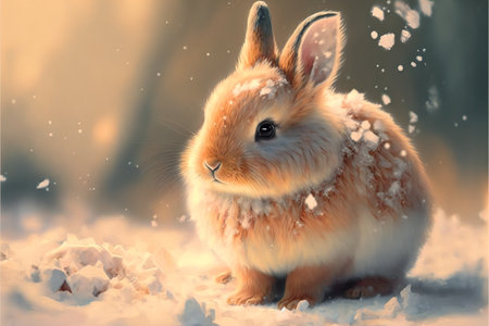 Ginger cute bunny with fluffy fur sitting on the snow in a watercolor style with copyspace, soft colors.Card blank little red rabbit.AI generated.の素材