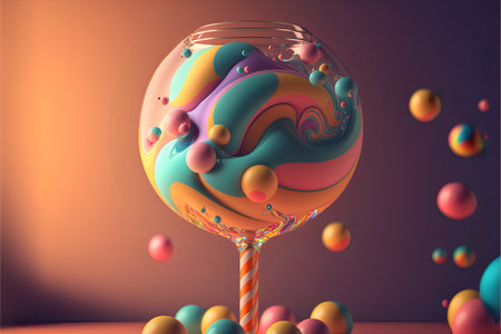 Bright ice cream in a glass transparent round vase.Colorful illustration of a dessert in a vase.AI generated.の素材