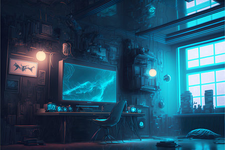Interior with a large monitor, music speakers and various appliances flooded with blue light. AI generated.の素材