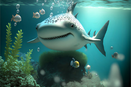 Big funny shark on the background of blue ocean air bubbles and corals.Underwater world cartoon illustration.AI generated.の素材