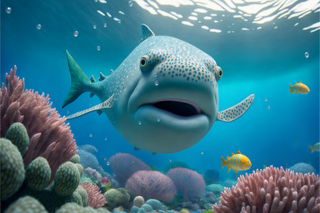 Big spotted fish on the background of blue ocean air bubbles and corals.Underwater world cartoon bright background.AI generated.の素材