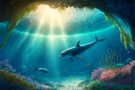 Swimming dolphins at the bottom of the sea with sunbeams.Ocean colorful background with light flare dolphins and small yellow fish.AI generated.の素材
