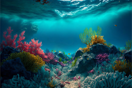 Colorful multicolored underwater landscape with corals, rocks and beautiful blue water. Oceanic background with tropical flora.AI generated.の素材